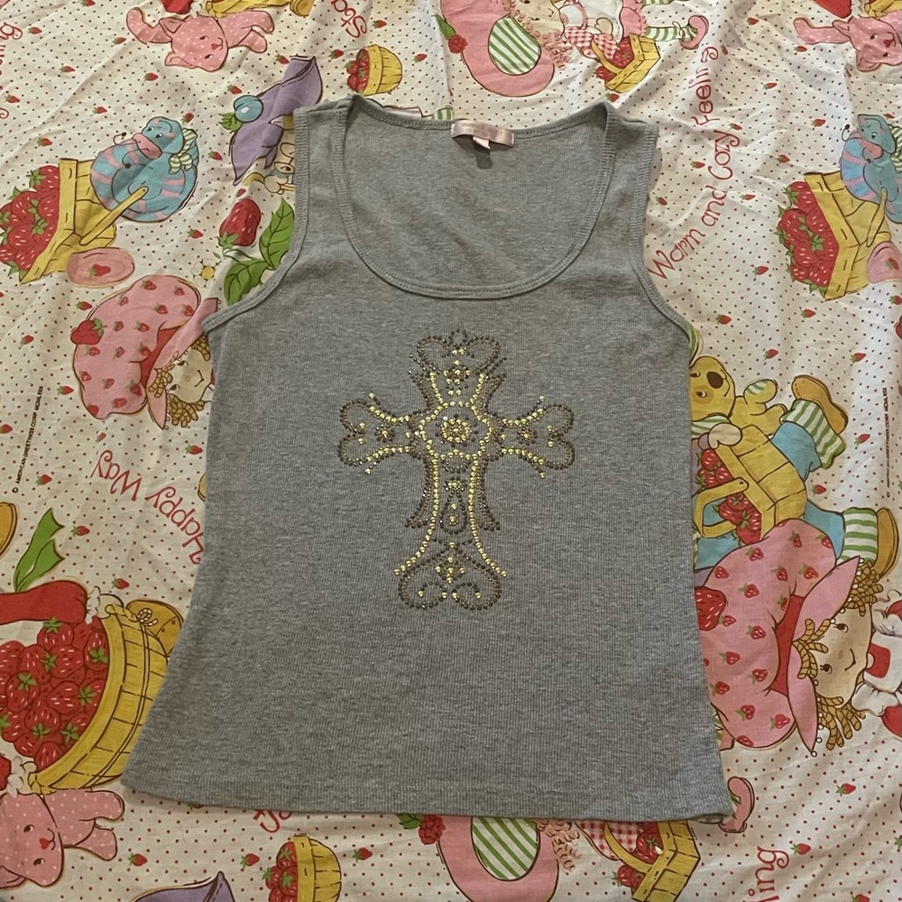 Gray Sleeveless Top with Gold Embellishments